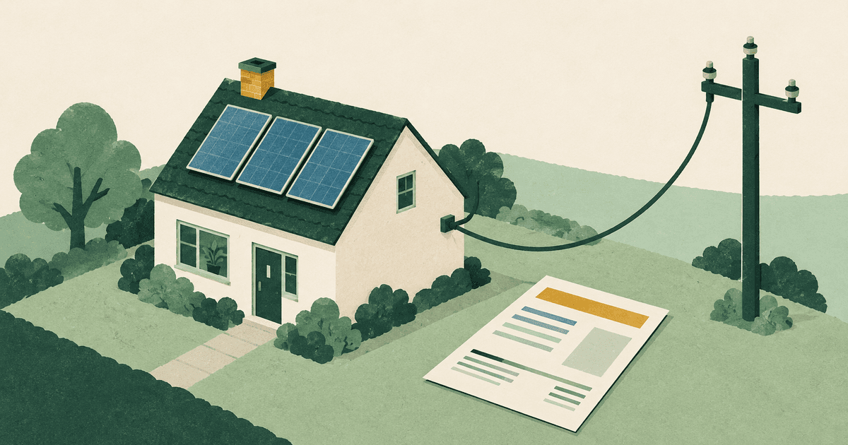 Geknipt-papier-scène: woonhuis met drie zonnepanelen op het dak die via een kabel aan het net zijn aangesloten, met een papieren afrekeningsformulier in de tuin