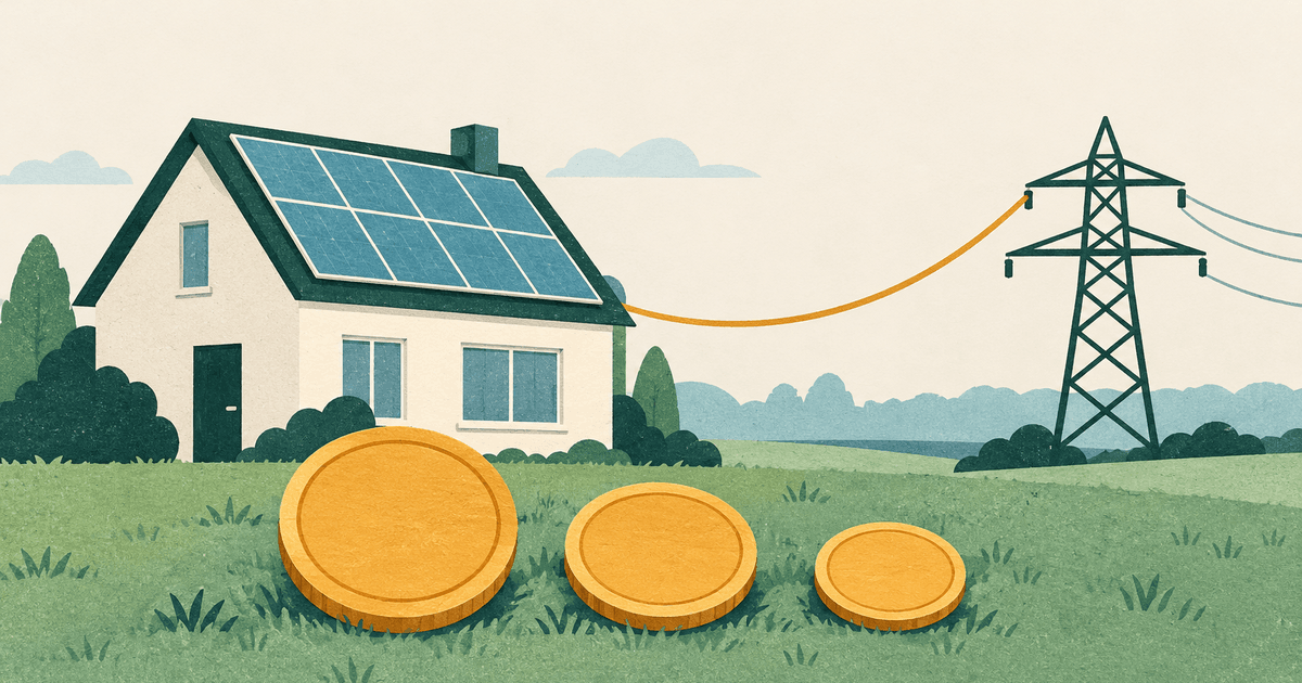 Geknipt-papier-scène: woonhuis met zonnepanelen op het dak dat via een kabel stroom teruggeeft aan een netmast, met drie blanco papieren munten van verschillend formaat op de grasmat