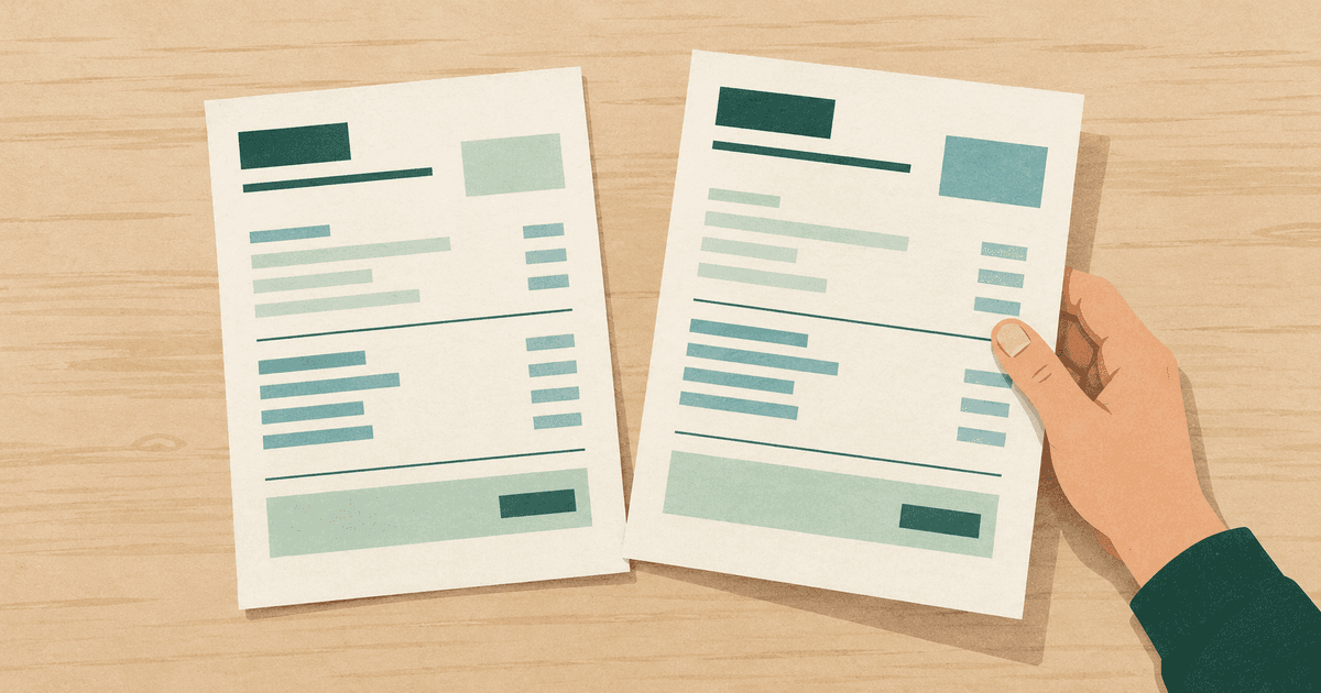 Geknipt-papier-scène: twee papieren jaarafrekeningen van energieleveranciers naast elkaar op een tafel, met een hand die de rechter afrekening vasthoudt