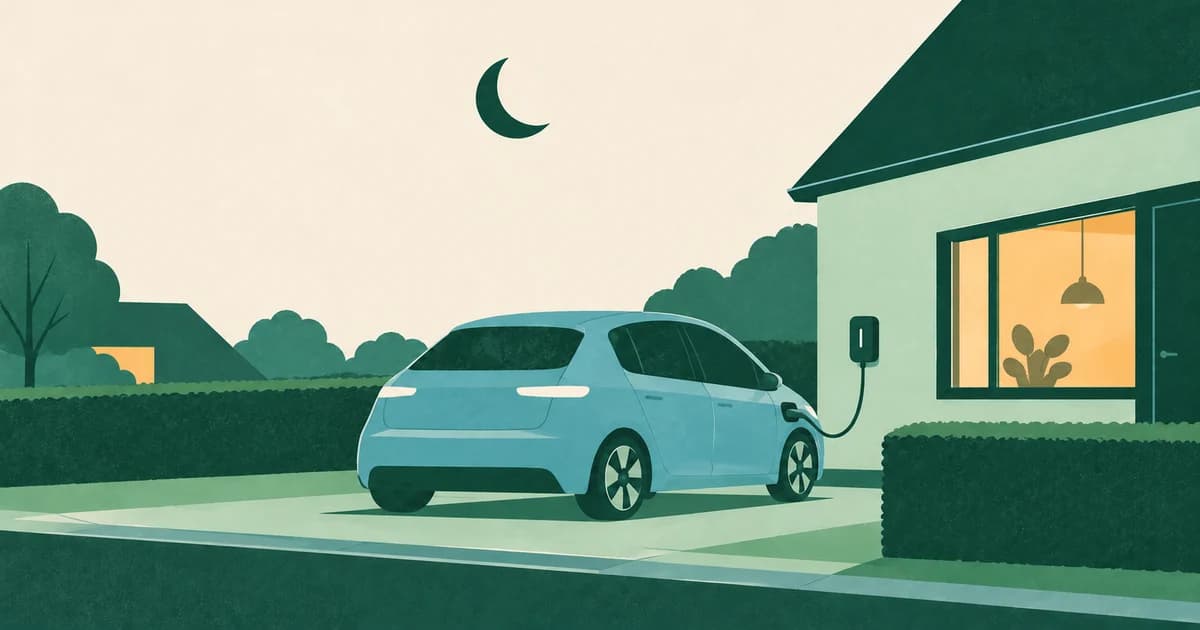 Papierknipillustratie van een elektrische auto die in de nacht via een thuislader bij een woning wordt opgeladen.